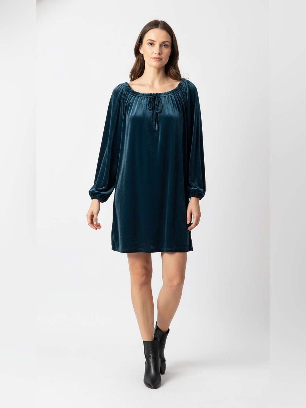 Vintage Lane Bryant Women's Teal Velvet Peasant Long Sleeve Dress with Tie Neck